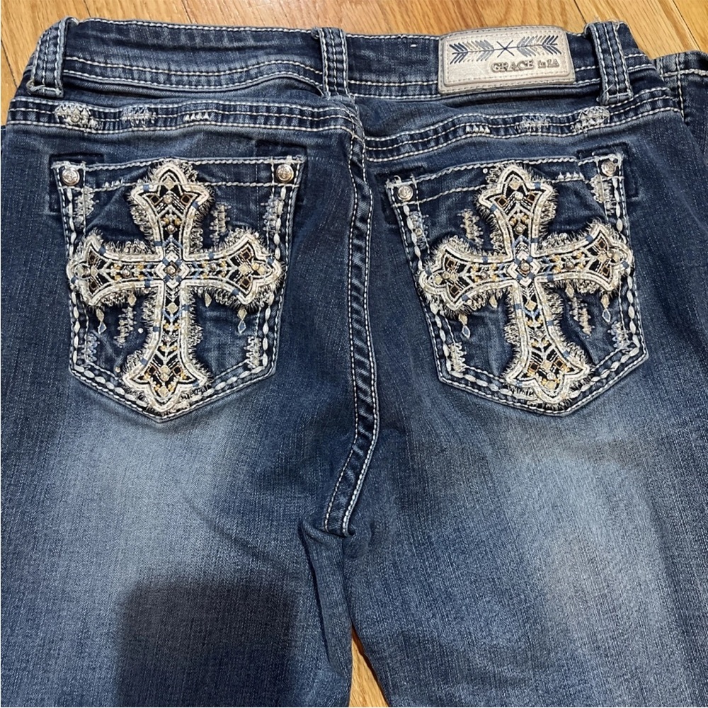 Grace in LA Embellished Dark Blue Bootcut Jeans with Cross Pockets 28X31